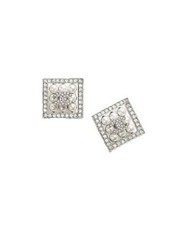 Chanel Stud Earrings In Square CC Silver Metal Glass Pearls-Diamantés With Pearly White-Crystal